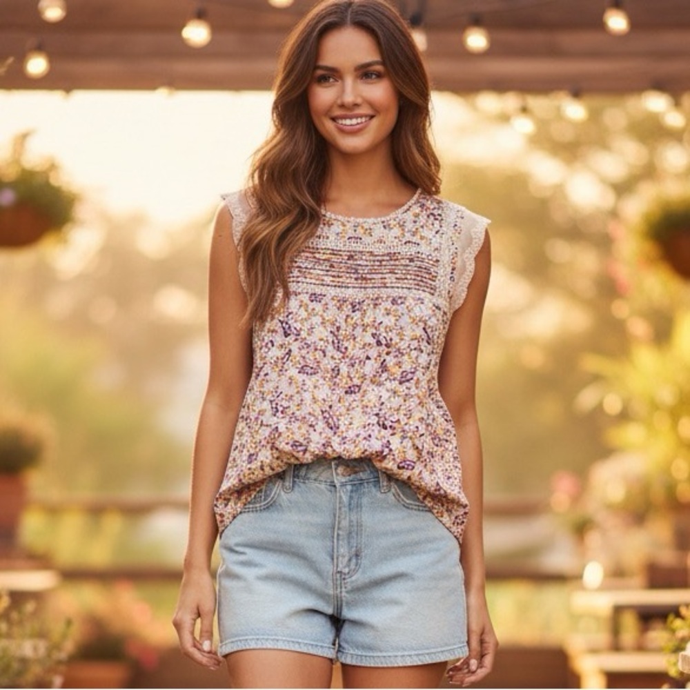 Daniel Rainn Cap Sleeve Ruffled Blouse in Cream and‎ Tan